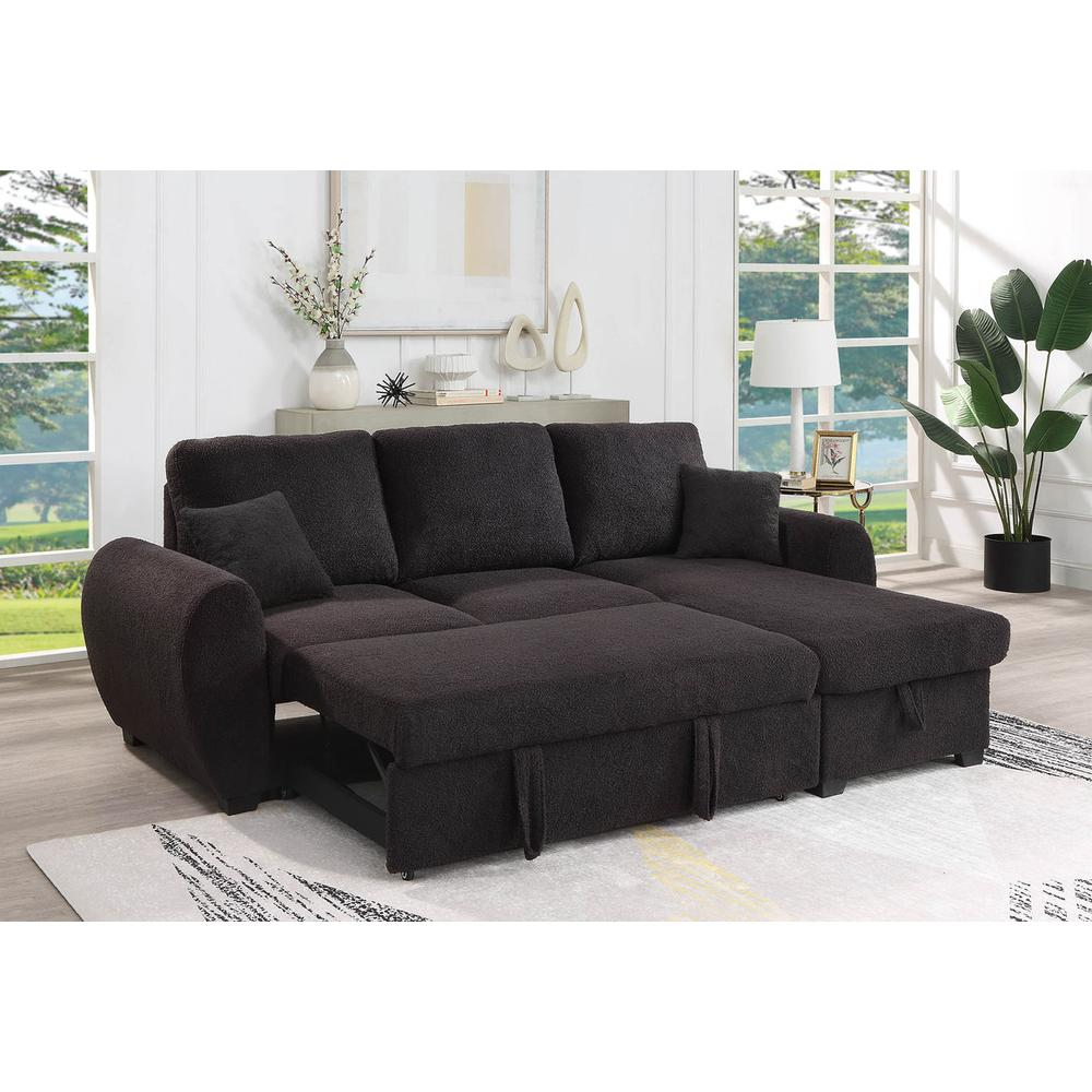 Start2Finish 95-inch black teddy fleece reversible sectional sofa with storage chaise, featuring plush fabric and modern design.
