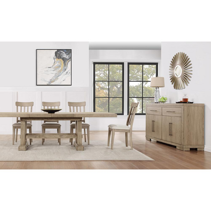 Start2Finish Napa Side Chair in sand color with wooden legs, showcasing a modern, upholstered dining chair design.