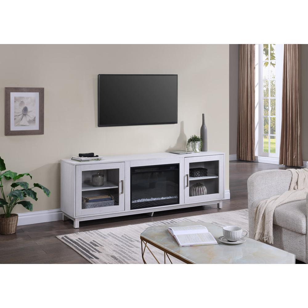 White walnut finish Summit 70-inch TV stand with fireplace, sleek storage compartments, and modern design by Start2Finish.