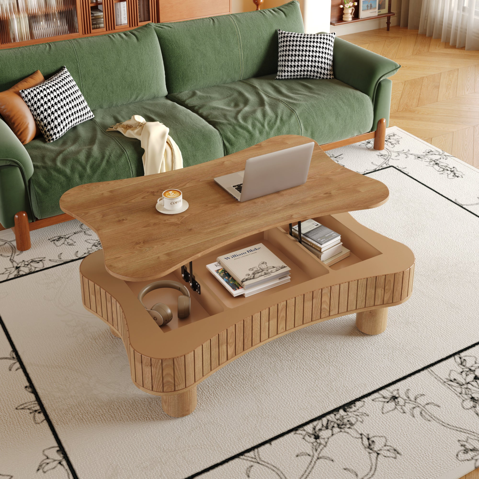 Light brown MDF and black metal coffee table with lift-top storage, ideal for living room, by Start2Finish.