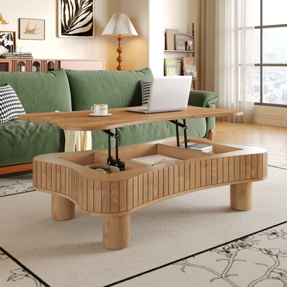 Light brown MDF and black metal coffee table with lift-top storage for living room by Start2Finish.