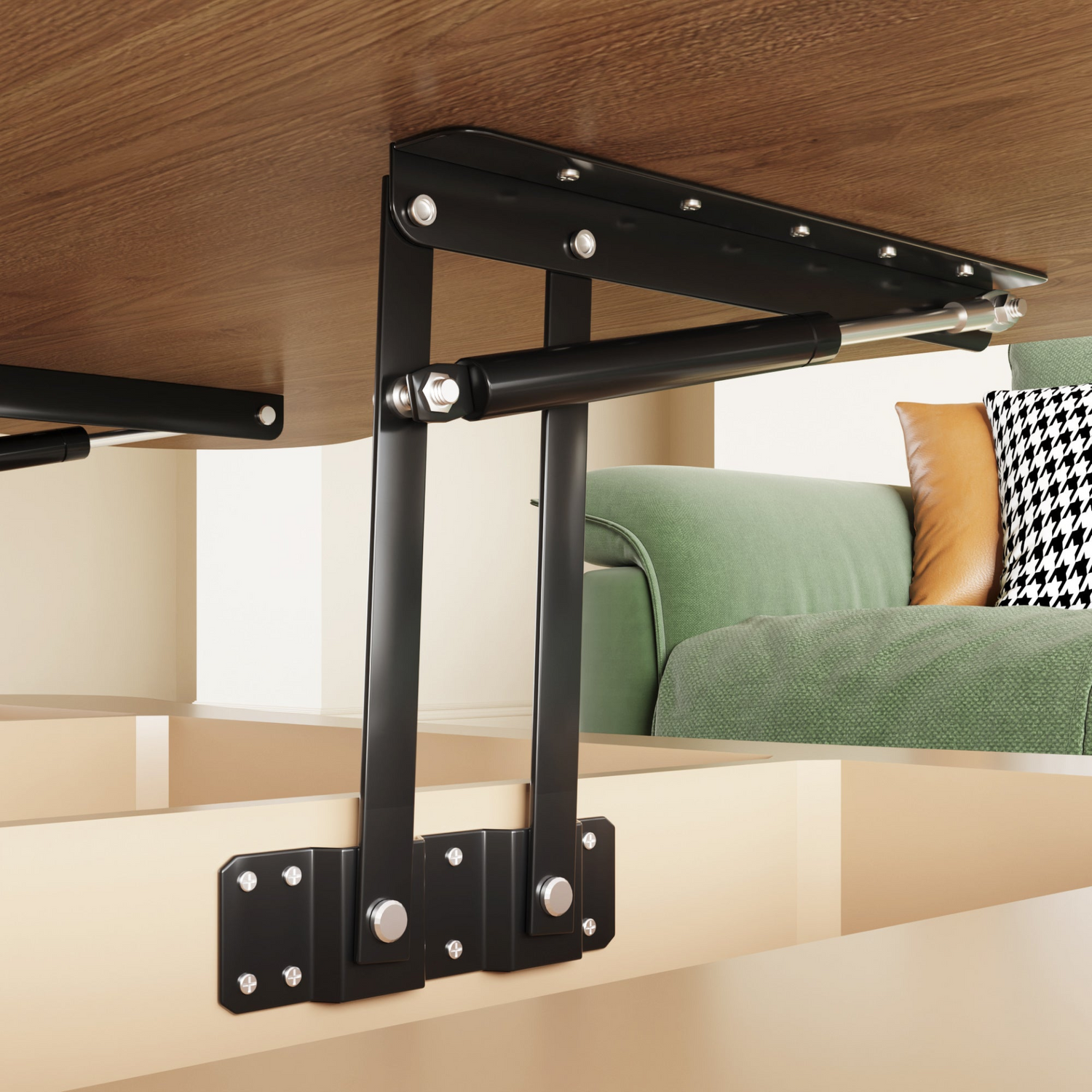 Light brown and black MDF and metal coffee table with lift-top storage for living room, by Start2Finish.