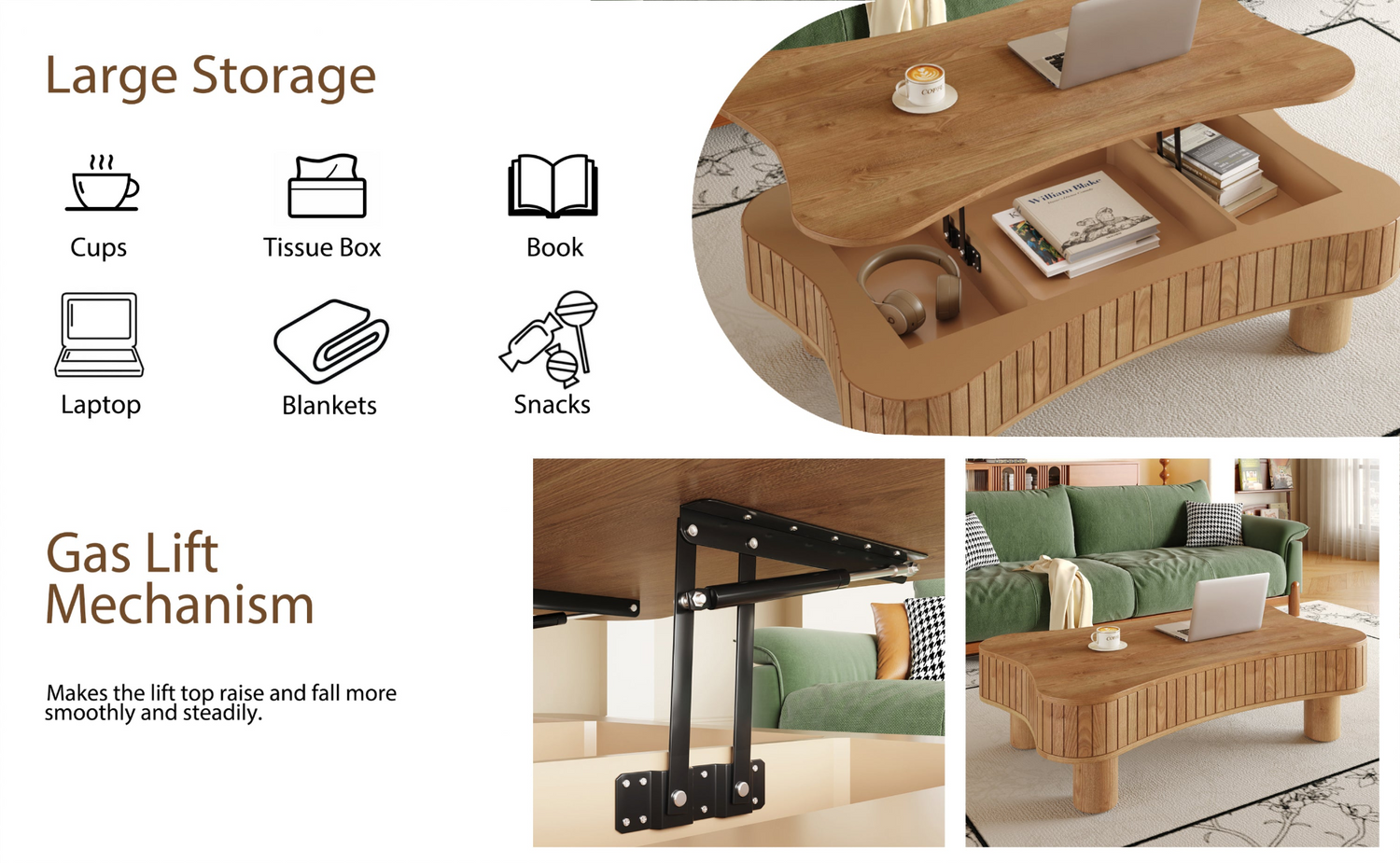 Light brown MDF and black metal coffee table with lift-top storage, perfect for living room by Start2Finish