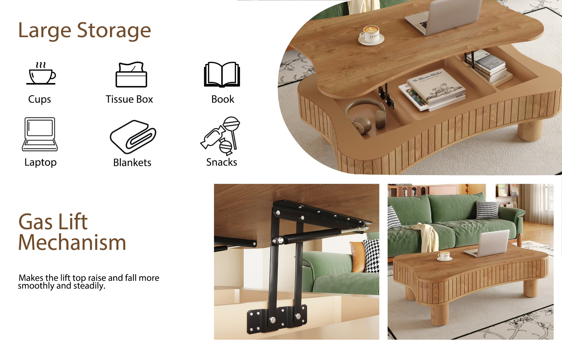 Light brown MDF and black metal coffee table with lift-top storage, perfect for living room by Start2Finish