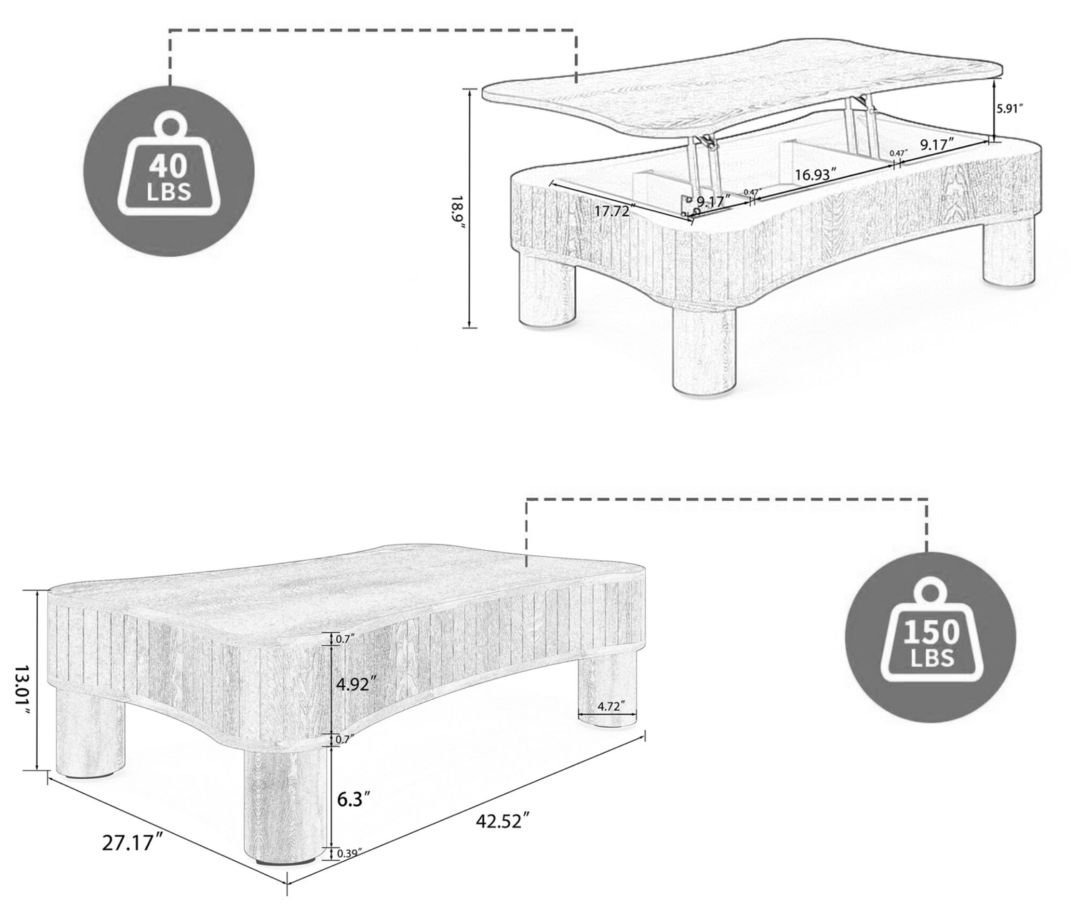 Light brown and black MDF and metal coffee table with lift-top storage for living room, by Start2Finish.