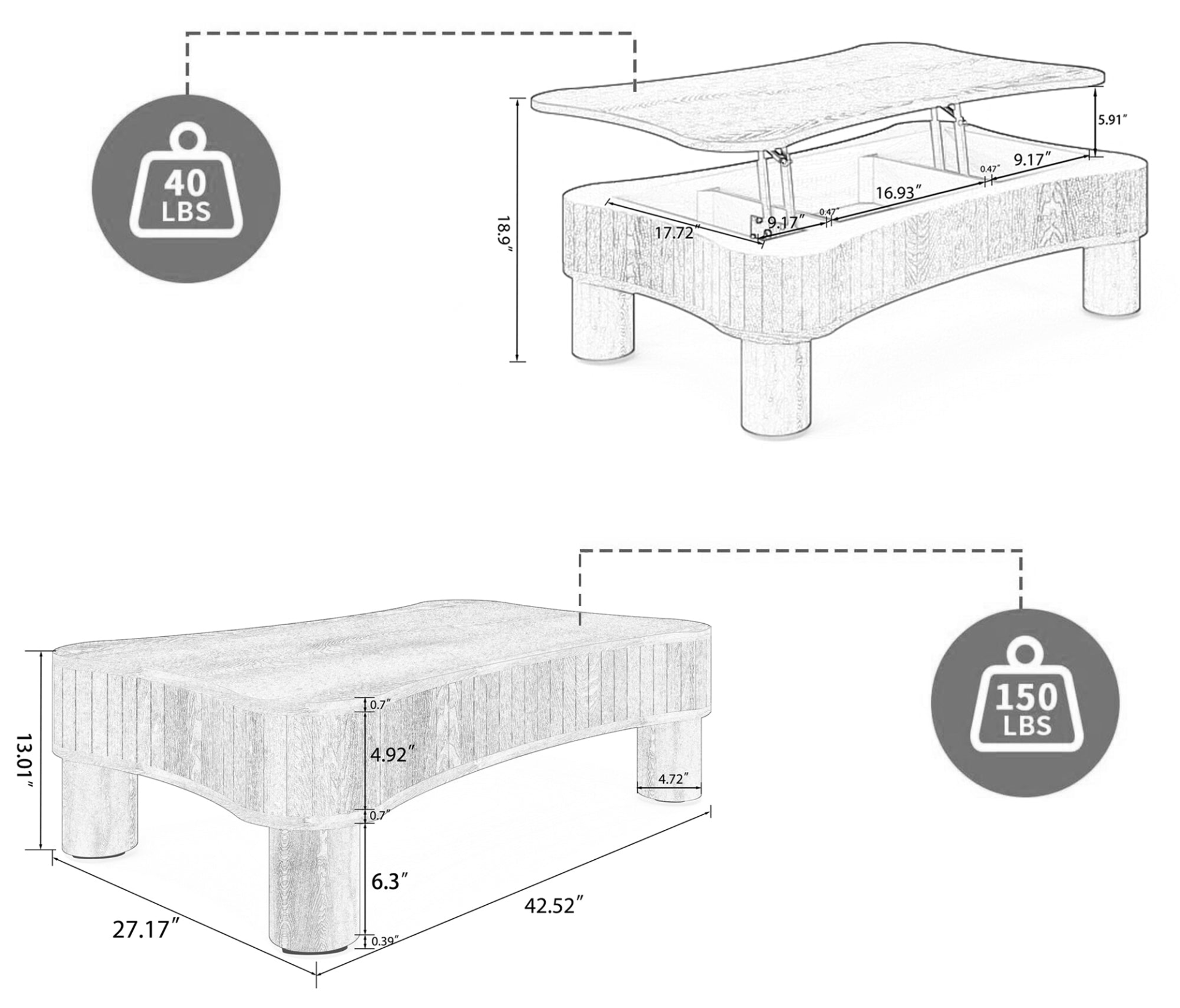Light brown and black MDF and metal coffee table with lift-top storage for living room, by Start2Finish.