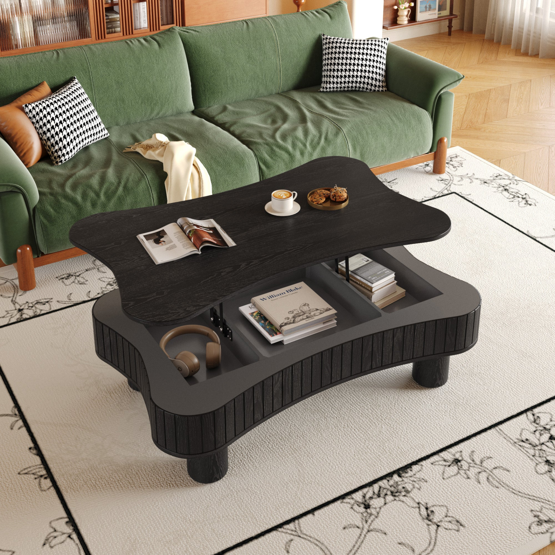 Light brown MDF and black metal coffee table with lift-top storage, perfect for living room, by Start2Finish.