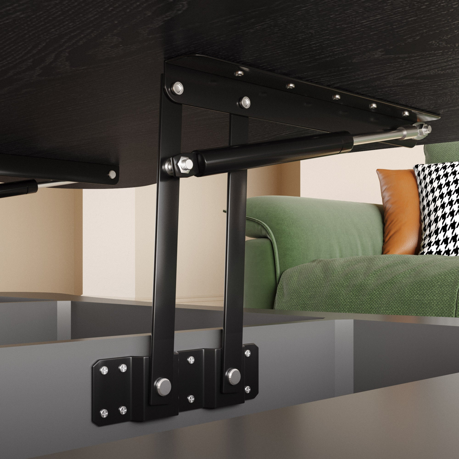 Light brown and black coffee table with MDF and metal frame, featuring lift-top storage for modern living room decor.