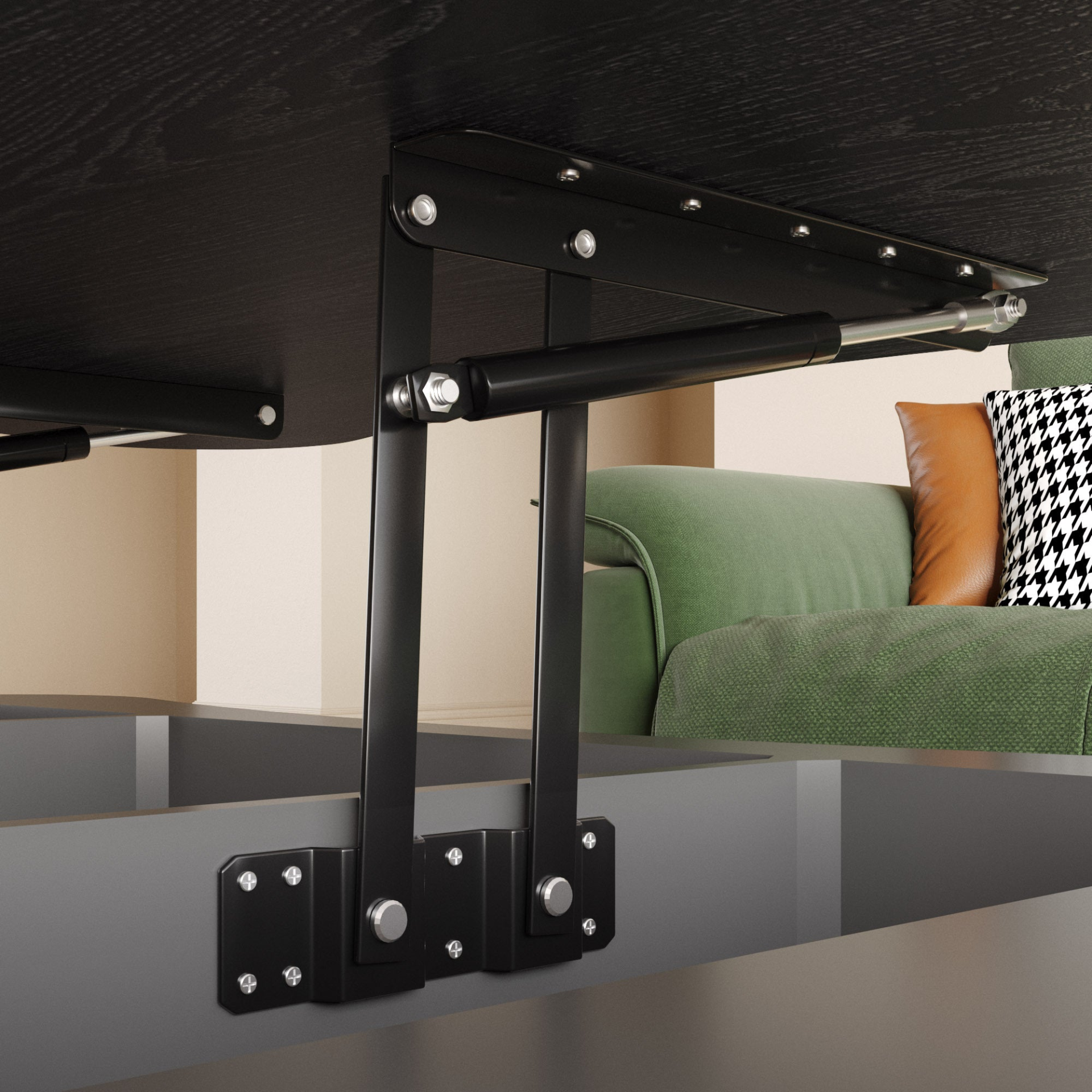 Light brown and black coffee table with MDF and metal frame, featuring lift-top storage for modern living room decor.