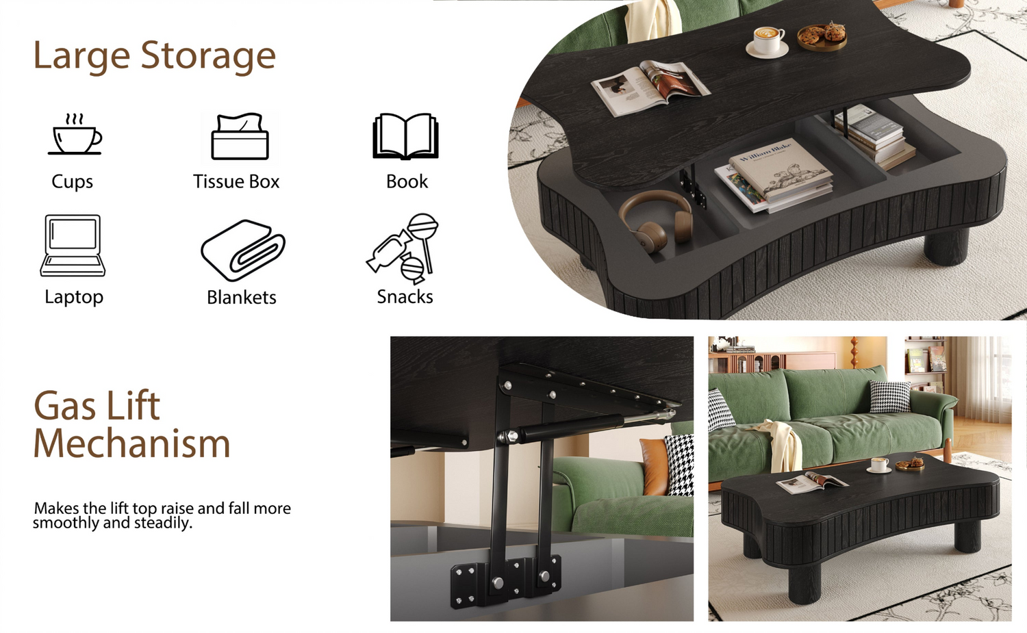 Light brown MDF and black metal coffee table with lift-top storage, ideal for living room, by Start2Finish.