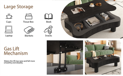 Light brown MDF and black metal coffee table with lift-top storage, ideal for living room, by Start2Finish.