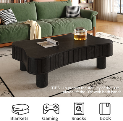 Light brown MDF and black metal coffee table with lift-top storage for living room, by Start2Finish.