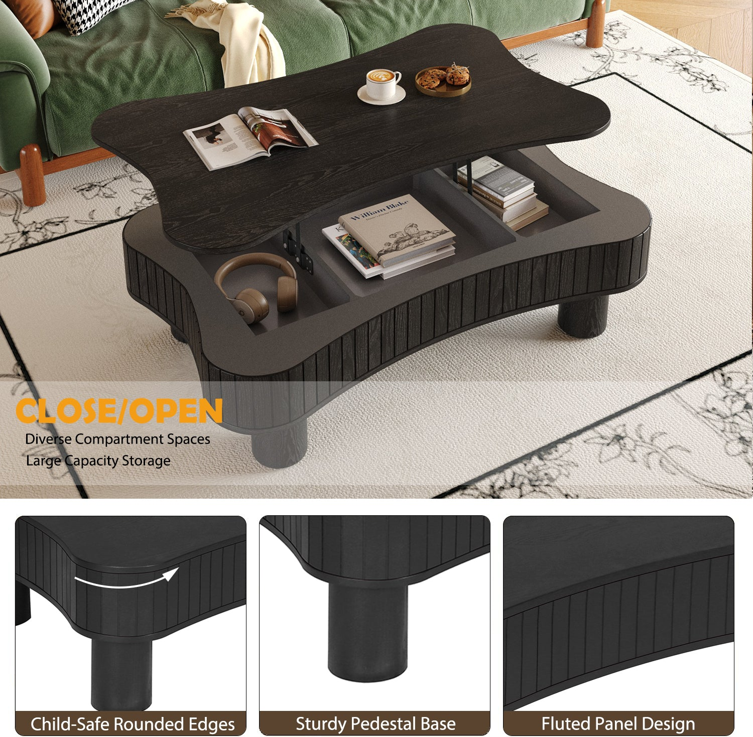 Light brown MDF and black metal coffee table with lift-top storage for living room by Start2Finish.