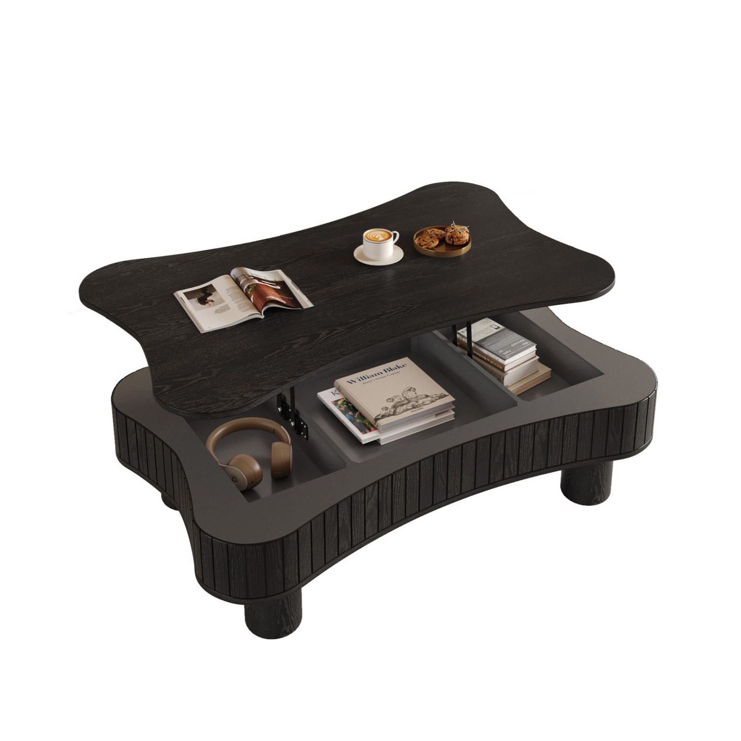 Light brown and black coffee table with MDF and metal, featuring lift-top storage for living room use.