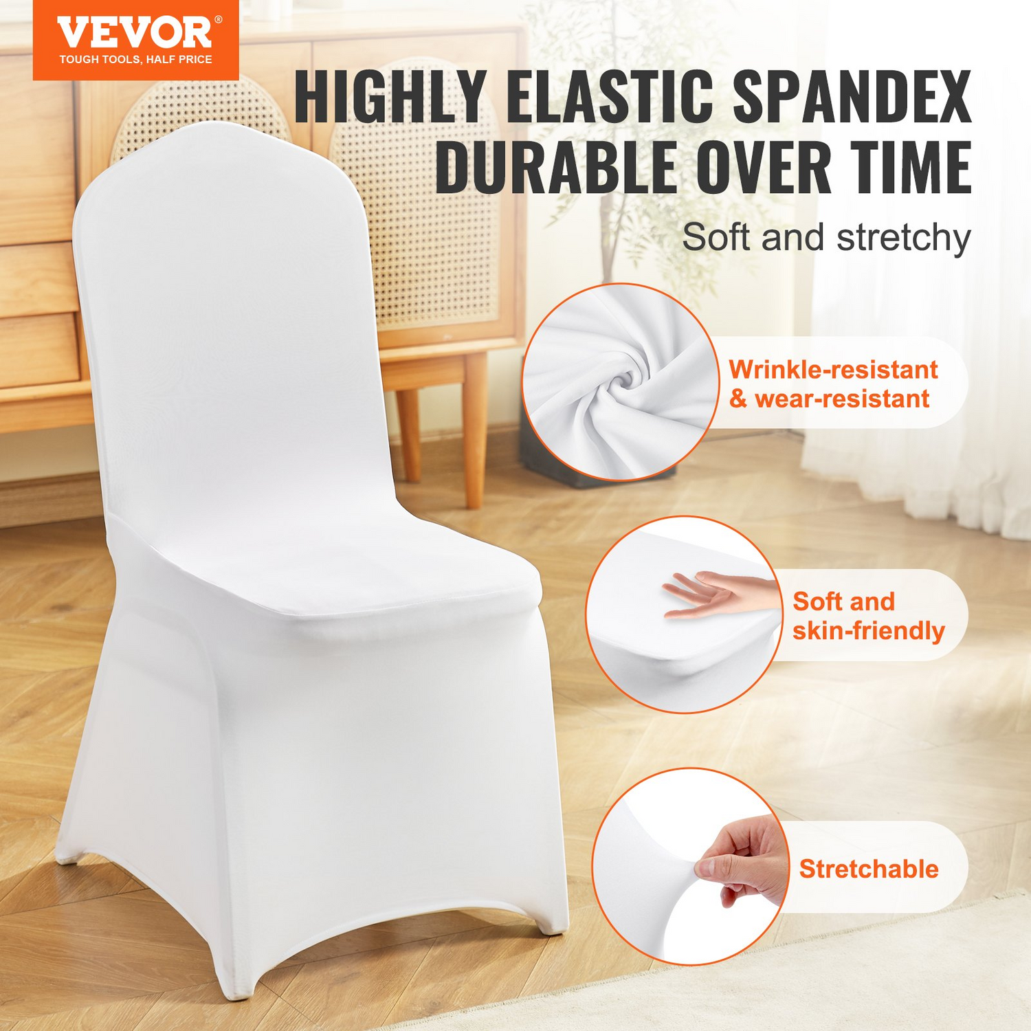 Start2Finish white VEVOR stretch spandex folding chair covers fitted for weddings, parties, and events, showing a set of 100 washable slipcovers.
