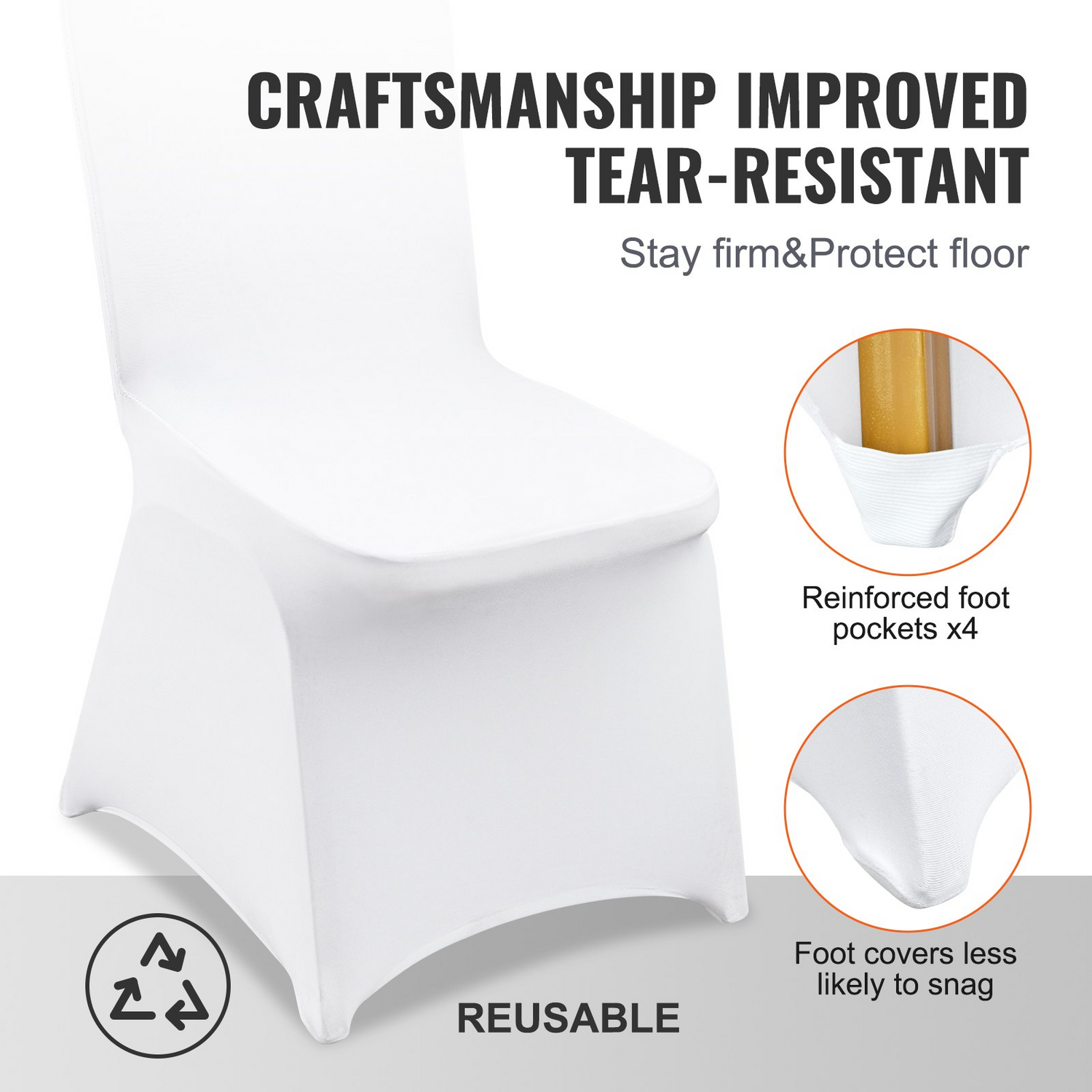 Set of white VEVOR stretch spandex folding chair covers, universal fit, washable, for wedding, party, banquet, or holiday events.