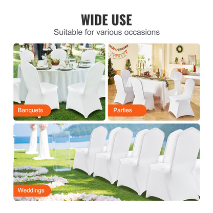 Set of white VEVOR stretch spandex folding chair covers fitted for wedding, party, and event chairs, shown on multiple chairs.