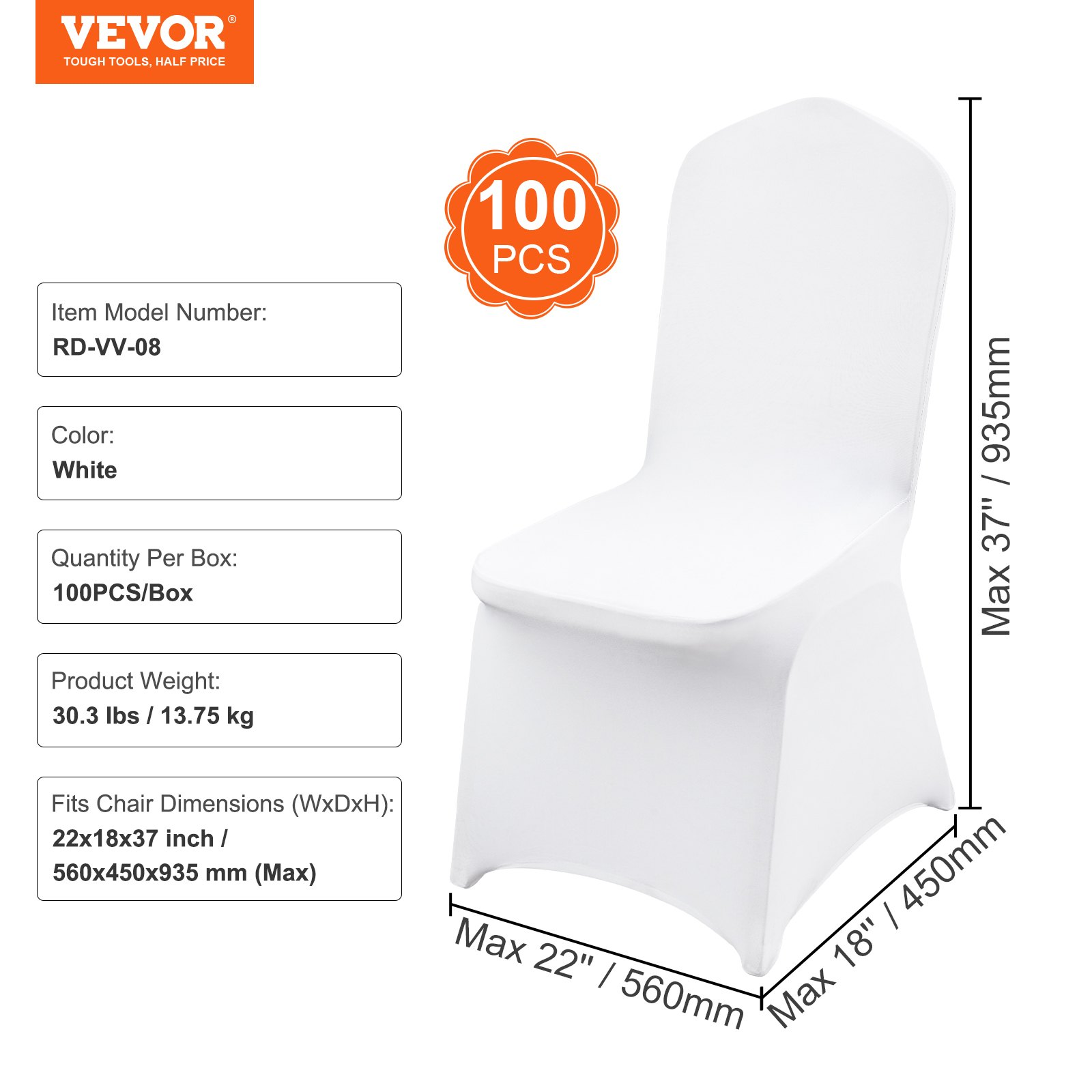 White VEVOR Stretch Spandex folding chair covers fitted for weddings, parties, and events, shown on standard banquet chairs.