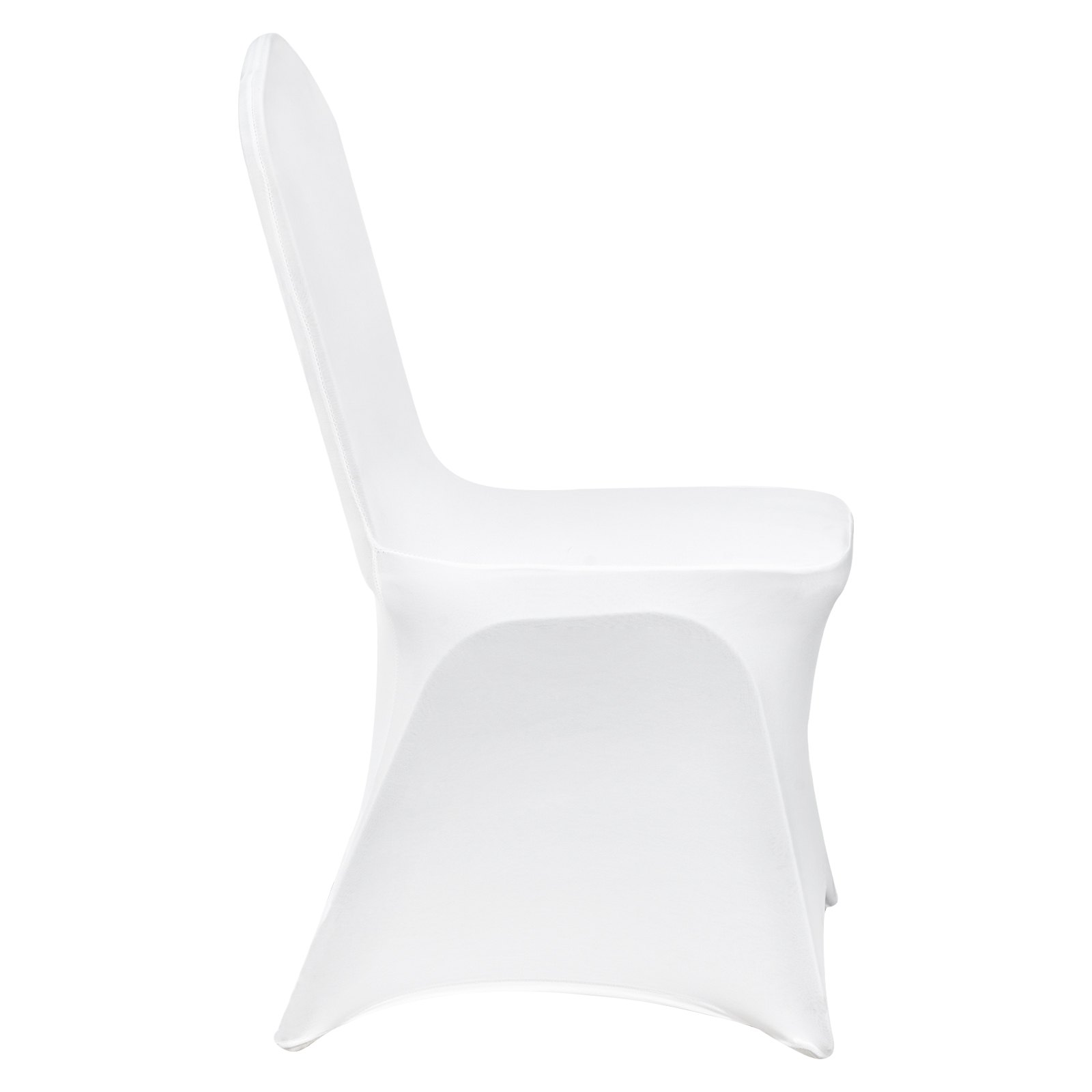 Set of 100 white VEVOR stretch spandex folding chair covers, fitted, washable, for wedding, party, and event seating.