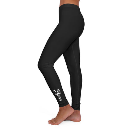 Women’s black fitness leggings with white abstract Mama pattern by Grey Coco, showcasing stretchy fabric and stylish design.