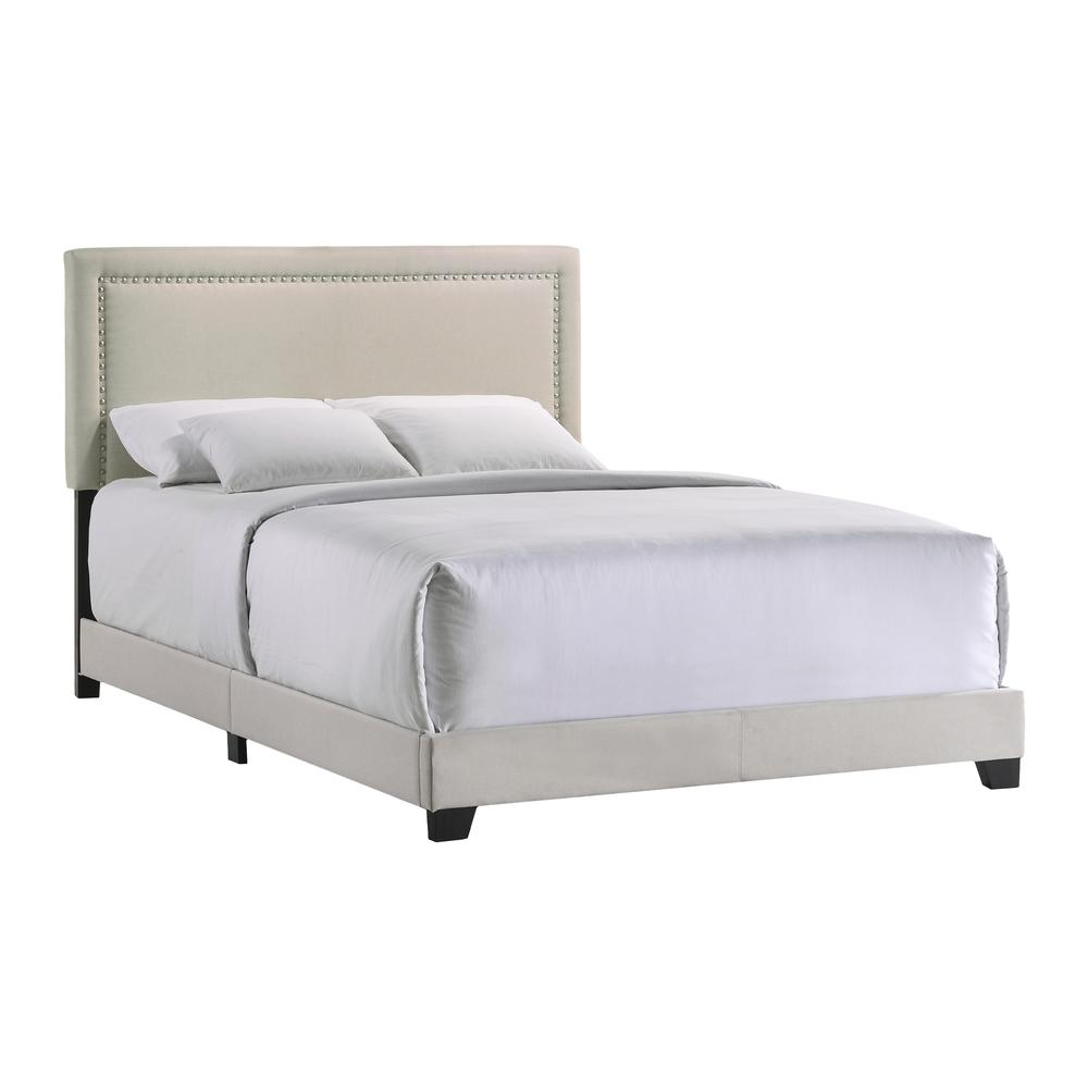 Start2Finish Zion Queen UPH bed with Zion Fog fabric, featuring a modern upholstered frame and plush headboard.