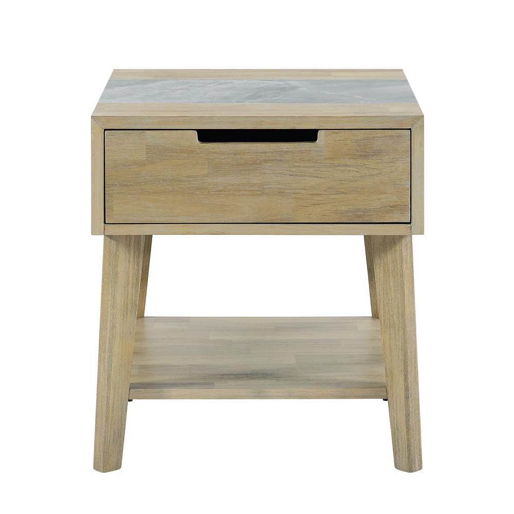Start2Finish Calgary Sintered Stone Inlay Side Table showing a sleek tabletop with inlaid stone pattern and modern wooden legs.