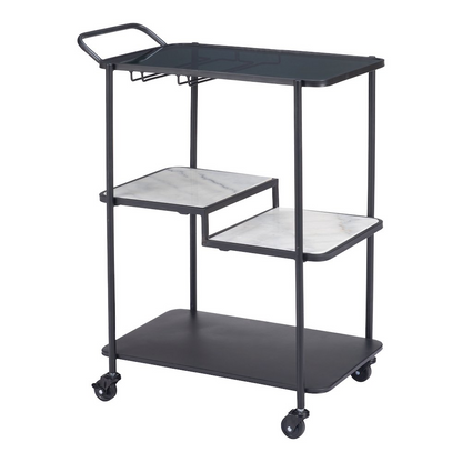 Black Constanza Bar Cart by Start2Finish with multiple shelves and wheels for stylish beverage and accessory storage.