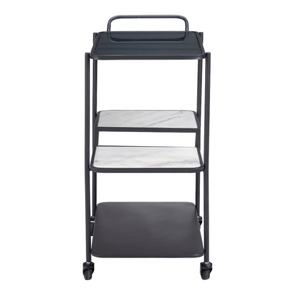 Black Constanza Bar Cart by Start2Finish with metal frame and two shelves for stylish beverage and barware storage.