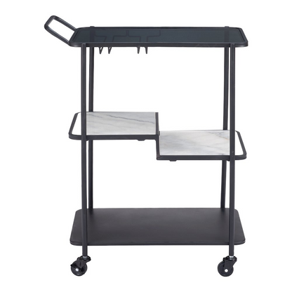 Black Constanza Bar Cart by Start2Finish with two-tier shelves and metal frame, shown with glass and bottle accessories.