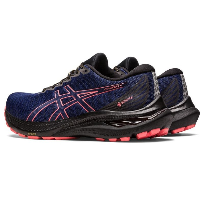 Asics GT 2000 11 GTX W running shoes in gray and black with waterproof GORE-TEX material, designed for comfort and durability.