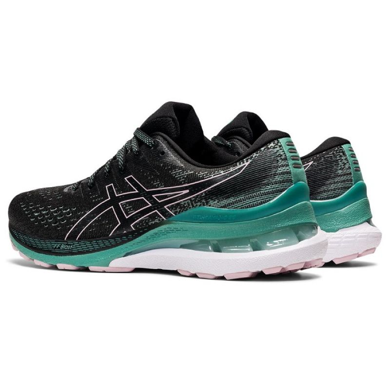 Asics Gel Kayano 28 W running shoes in gray and blue with cushioned design, featuring lace-up closure and athletic style.