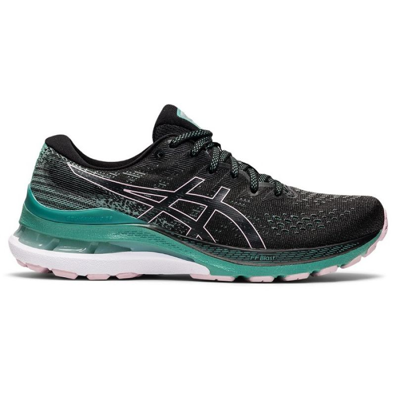 Asics Gel Kayano 28 W running shoes in black with pink accents, featuring cushioned soles and supportive design