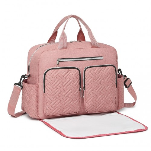 Start2Finish EQ2411 Kono diaper changing tote bag in pink with built-in changing mat, waterproof design, and thermal insulation.