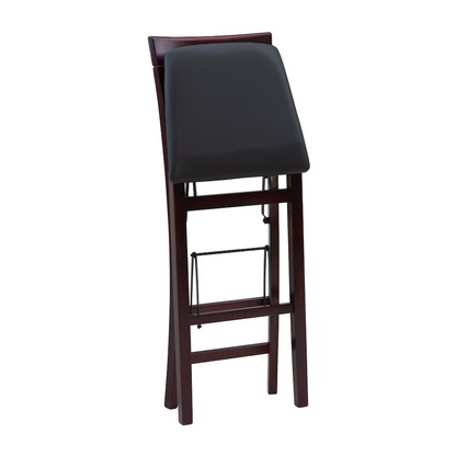 Start2Finish Triena 30-inch X-back folding bar stool with wooden seat and metal frame, shown folded and unfolded.