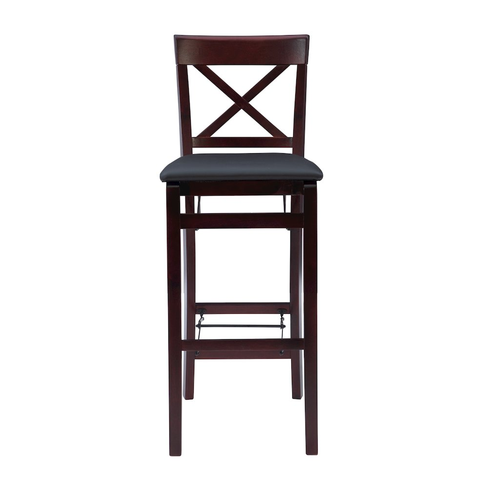 Start2Finish Triena 30-inch X-back folding bar stool with wooden seat and metal frame, shown folded in a modern kitchen setting.