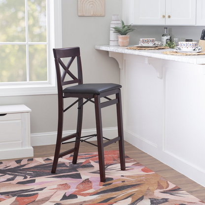 Start2Finish Triena 30-inch X-back folding bar stool with wooden seat and metal frame, shown in folded position for easy storage.