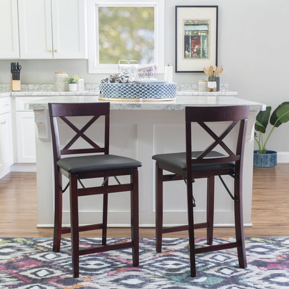 Start2Finish Triena 24-inch back folding counter stool with wood seat and metal frame, showing its compact, foldable design.