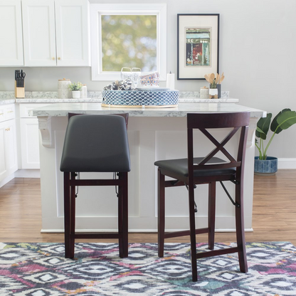 Start2Finish Triena 24-inch back folding counter stool with X-shaped backrest and wooden seat, suitable for kitchen or bar areas.