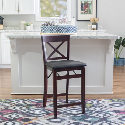 Start2Finish Triena 24-inch back folding counter stool with wooden seat and metal frame, shown folded and unfolded.