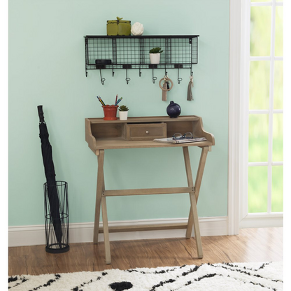 Start2Finish Coy Rustic Brown Folding Desk with wooden surface and metal legs, shown in a folded position for space-saving storage.
