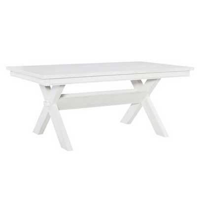 Distressed white dining table by Start2Finish with a rustic wooden top and sturdy legs, perfect for a farmhouse-style dining room.