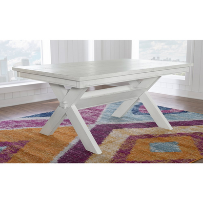 Distressed white Turino dining table by Start2Finish with a rustic wooden design and sturdy table legs.