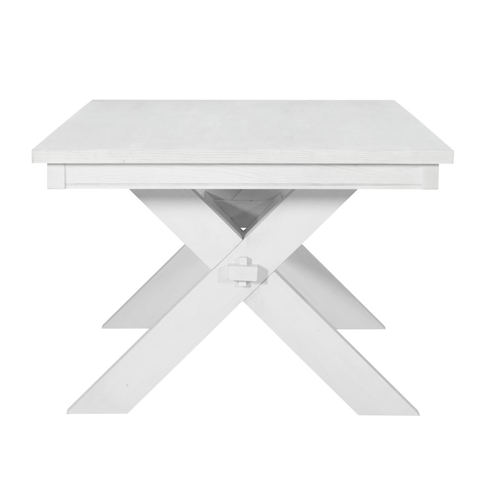 Distressed white Turino dining table by Start2Finish with sturdy wooden legs and a rustic finish, perfect for dining room decor.