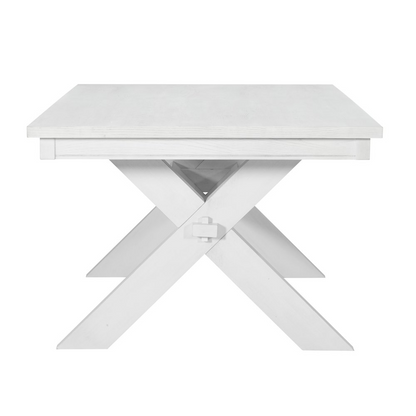 Distressed white Turino dining table by Start2Finish with sturdy wooden legs and a rustic finish, perfect for dining room decor.