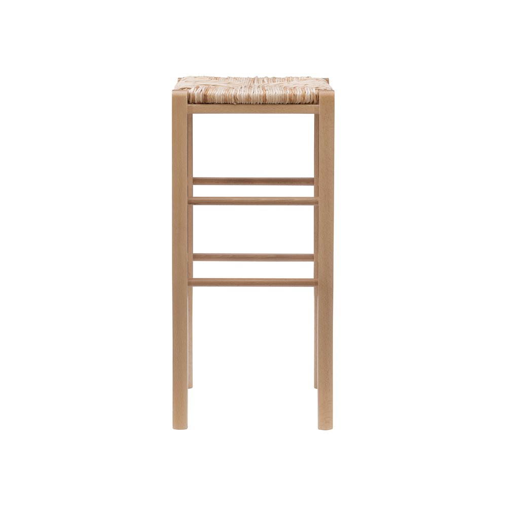 Set of two Gianna backless barstools by Start2Finish with natural wood finish and sleek modern design, shown from side angle.