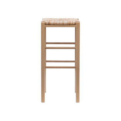 Set of two Gianna backless barstools by Start2Finish with natural wood finish and sleek modern design, shown from side angle.