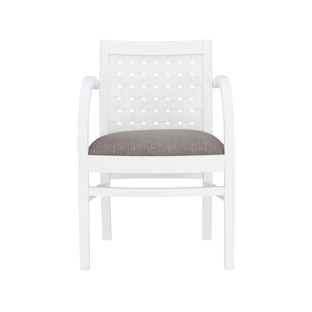 White Samantha woven arm chair by Start2Finish with a modern design and cushioned seat, ideal for contemporary living spaces.