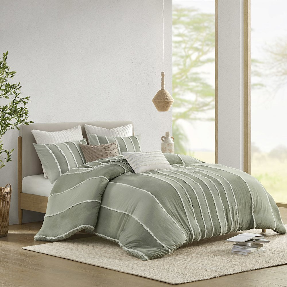 Shay 3-piece striped cotton duvet cover set in sage with matching pillow shams, featuring a soft, breathable fabric from Start2Finish.