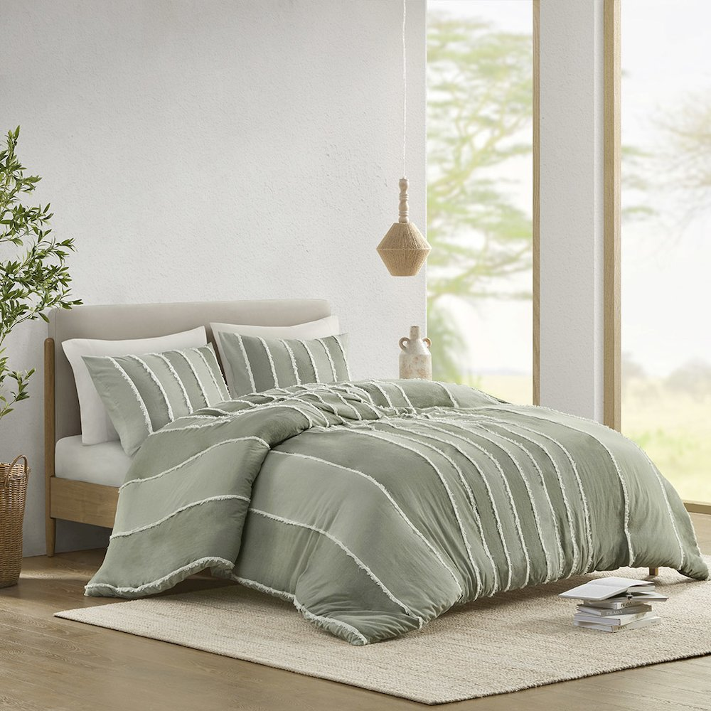 Start2Finish Shay 3-piece striped cotton duvet cover set in sage color, featuring soft, breathable fabric and modern design.