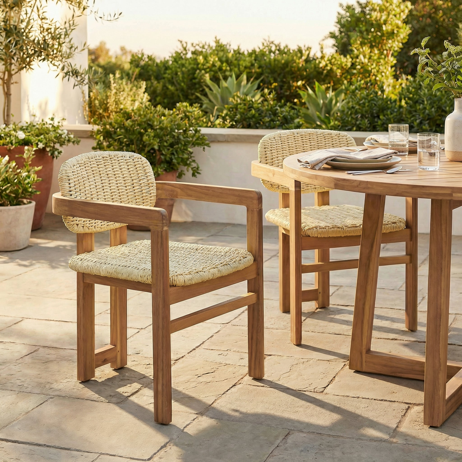 Beige rattan accent chair with wooden legs, ideal for living room or bedroom seating, by Start2Finish.